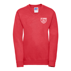 Frontal view of the St Leonards C of E Primary Academy red sweatshirt with the academy's emblem embroidered on the left breast.