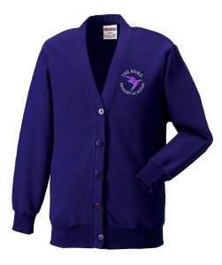 Frontal view of the Baird purple cardigan