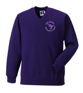 Frontal view or the Baird purple v-neck sweatshirt