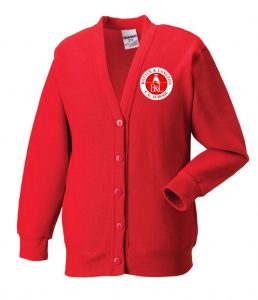 Frontal view of the Battle and Langton red cardigan