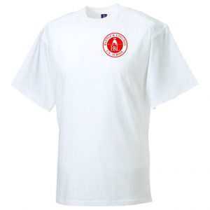 Frontal view of the Battle and Langton white PE t-shirt