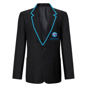 Ark Blacklands black blazer with turquoise trim and logo embroidered to left breast