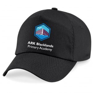 Frontal view of the Ark Blacklands Primary Academy black summer cap with the school's emblem printed on the front.