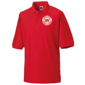 Frontal view of the King Offa Primary Academy red PE polo shirt