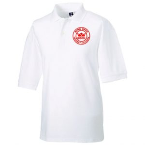 Frontal view of the King Offa Primary Academy white polo shirt
