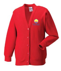 Frontal view of the red Ark Little Ridge primary academy knitted acrylic cardigan.