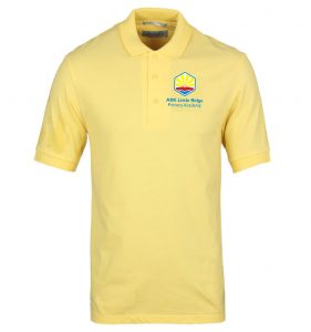 Frontal view of the Ark Little Ridge golden yellow PE polo