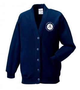 Frontal view of the Ninfield Primary School navy cardigan with the school's emblem embroidered on the left breast.
