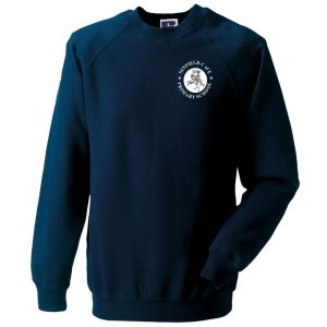 Frontal view of the Ninfield navy sweatshirt with the school's emblem embroidered on the left breast.