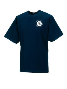 Frontal view of the Ninfield Primary School navy PE T-Shirt with the school's emblem embroidered on the left breast.