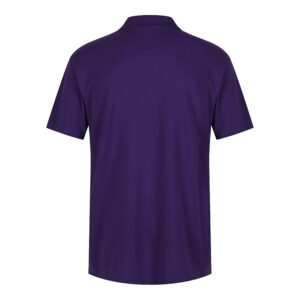 Rear view of a purple polo shirt.