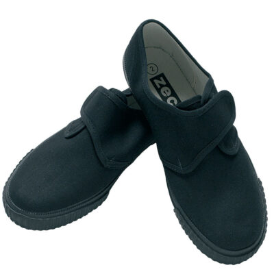 Frontal view of two black plimsolls with white interiors.