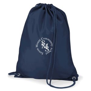 Frontal view of a navy PE bag with the Saxon Mount logo on the front.