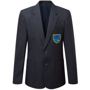 Frontal view of the Claverham boys' fit navy blazer with the school logo on the left breast