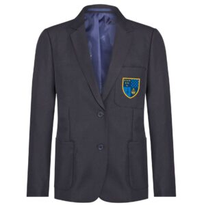 Frontal view of the Claverham girls' fit navy blazer with the school logo on the left breast