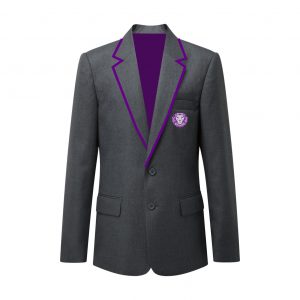 St Leonards Academy grey blazer with purple trim and logo embroidered to left breast