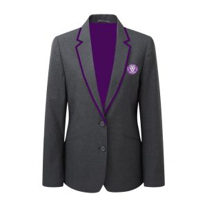 St Leonards Academy grey blazer with purple trim and logo embroidered to left breast
