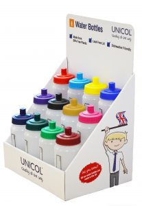 Side on view of a display of 12 biodegradable plastic water bottles with different coloured lids.
