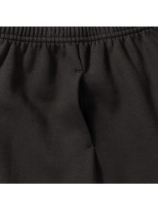 Close-up view of a side pocket on black jogging bottoms