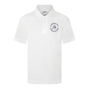 Frontal view of the Ninfield Primary School polo shirt. A white polo shirt with the school's logo embroidered on the left breast.