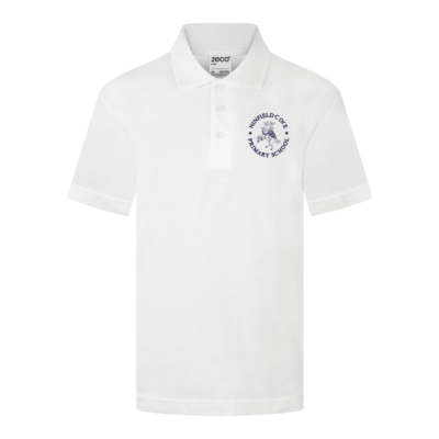 Frontal view of the Ninfield Primary School polo shirt. A white polo shirt with the school's logo embroidered on the left breast.