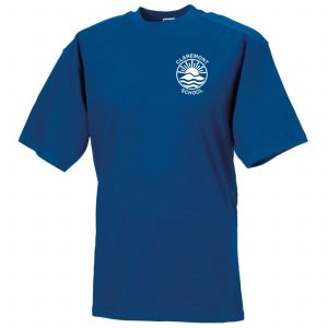 Frontal view of the Claremont Tunbridge Wells royal blue PE t-shirt