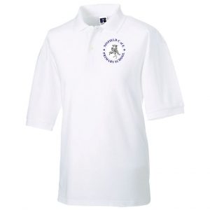 Frontal view of the Ninfield Primary School white polo shirt with the school's emblem embroidered on the left breast.