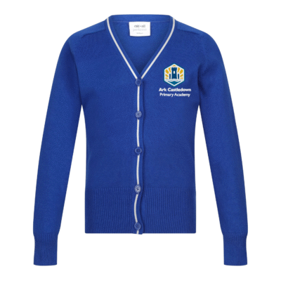 Frontal view of the Ark Castledown knitted cardigan. A royal blue knitted cotton cardigan with white piping around the v-neck and continuing down the button placket. The school's logo is embroidered on the left breast.