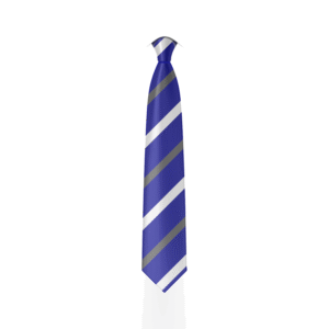 A digital mockup of the Ark Castledown elasticated tie. A royal blue tie with alternating grey and white stripes.
