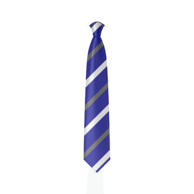 A digital mockup of the Ark Castledown elasticated tie. A royal blue tie with alternating grey and white stripes.