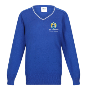 Frontal view of the Ark Castledown knitted jumper. A royal blue knitted cotton jumper with white piping around the v-neck. The school's logo is embroidered on the left breast.