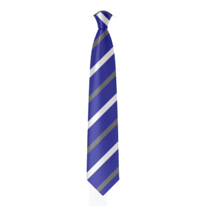 A digital mockup of the Ark Castledown 39" tie. A royal blue tie with alternating grey and white stripes.