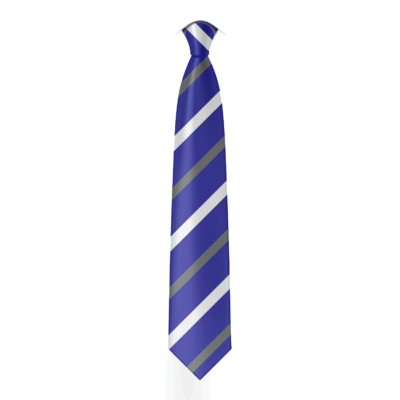 A digital mockup of the Ark Castledown 39" tie. A royal blue tie with alternating grey and white stripes.