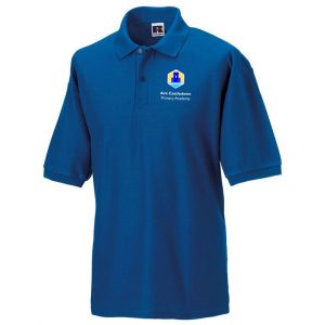 Frontal view of the Ark Catledown royal blue PE polo shirt