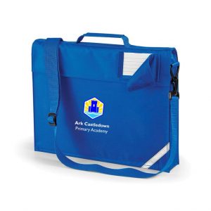 Frontal view of the Ark Castledown Primary Acadmey royal blue book bag with the school's emblem printed on the front.