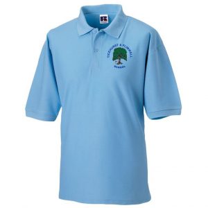 Frontal view of a short sleeve sky blue polo with the Ticehurst & Flimwell Primary School's emblem embroidered on the left breast.