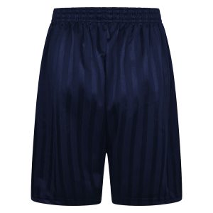 Rear view of navy shadow stripe PE shorts with an elasticated waist