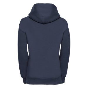Rear view of a navy hoodie.