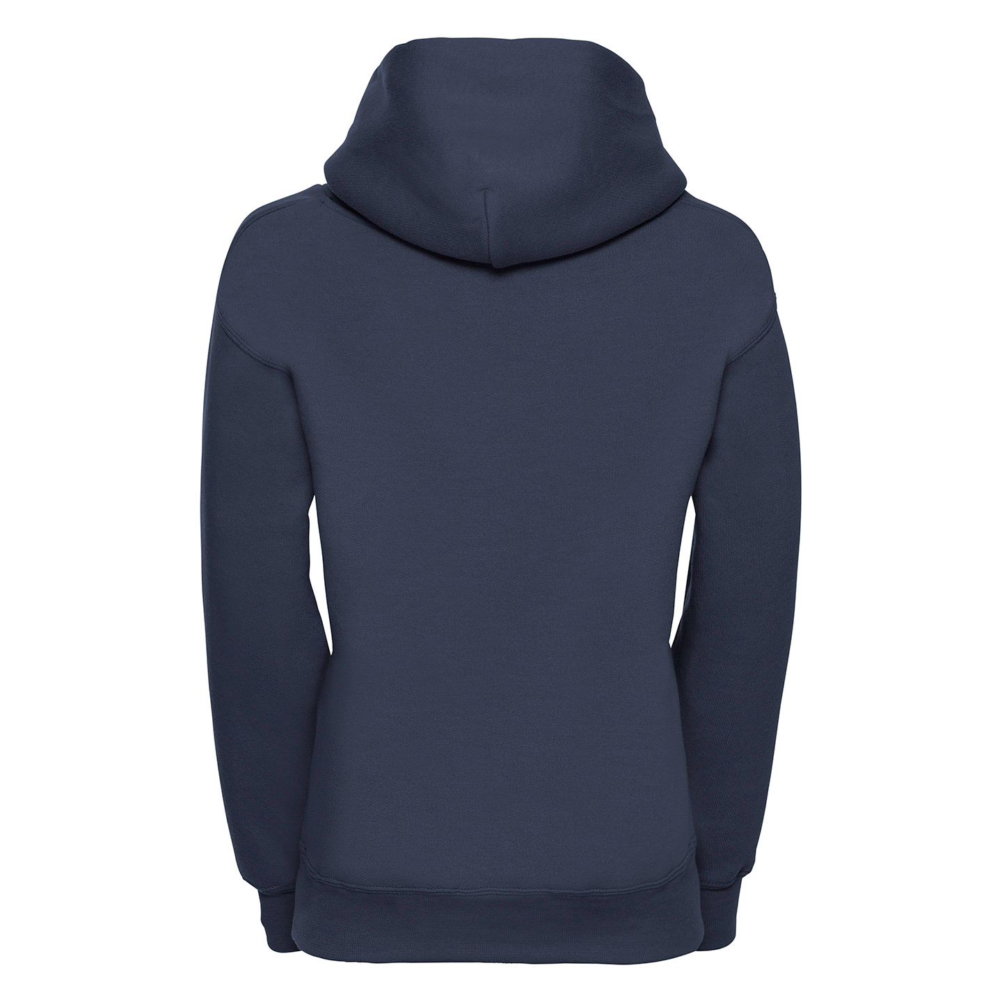 Rear view of a navy hoodie.