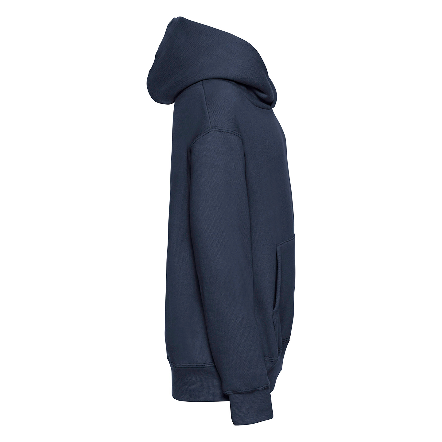 Side view of a navy hoodie.