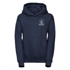 Frontal view of the Sandown Primary School navy PE hoodie with the school's emblem embroidered on the left breast.