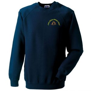 Frontal view of the Little Melton Primary School sweatshirt in navy with the school's emblem embroidered to the left breast.