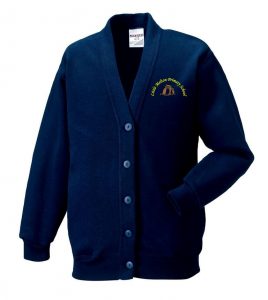Frontal view of the Little Melton Primary School cardigan in navy with the school's emblem embroidered to the left breast.