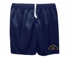 Frontal view of the Little Melton navy shadow-stripe PE shorts. a white draw cord is visible hanging ove the waist band. The schools emblem is embroidered to the bottom of the left thigh.