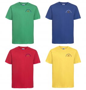 Frontal view of the four house colours of Little Melton PE t-shirts.