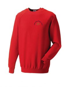 Frontal view of the Little Melton Primary School sweatshirt in red with the school's emblem embroidered to the left breast.
