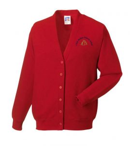 Frontal view of the Little Melton Primary School cardigan in red with the school's emblem embroidered to the left breast.