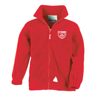 Frontal view of the red St Leonards C of E Primary Academy fleece with the academy's emblem embroidered on the left breast.