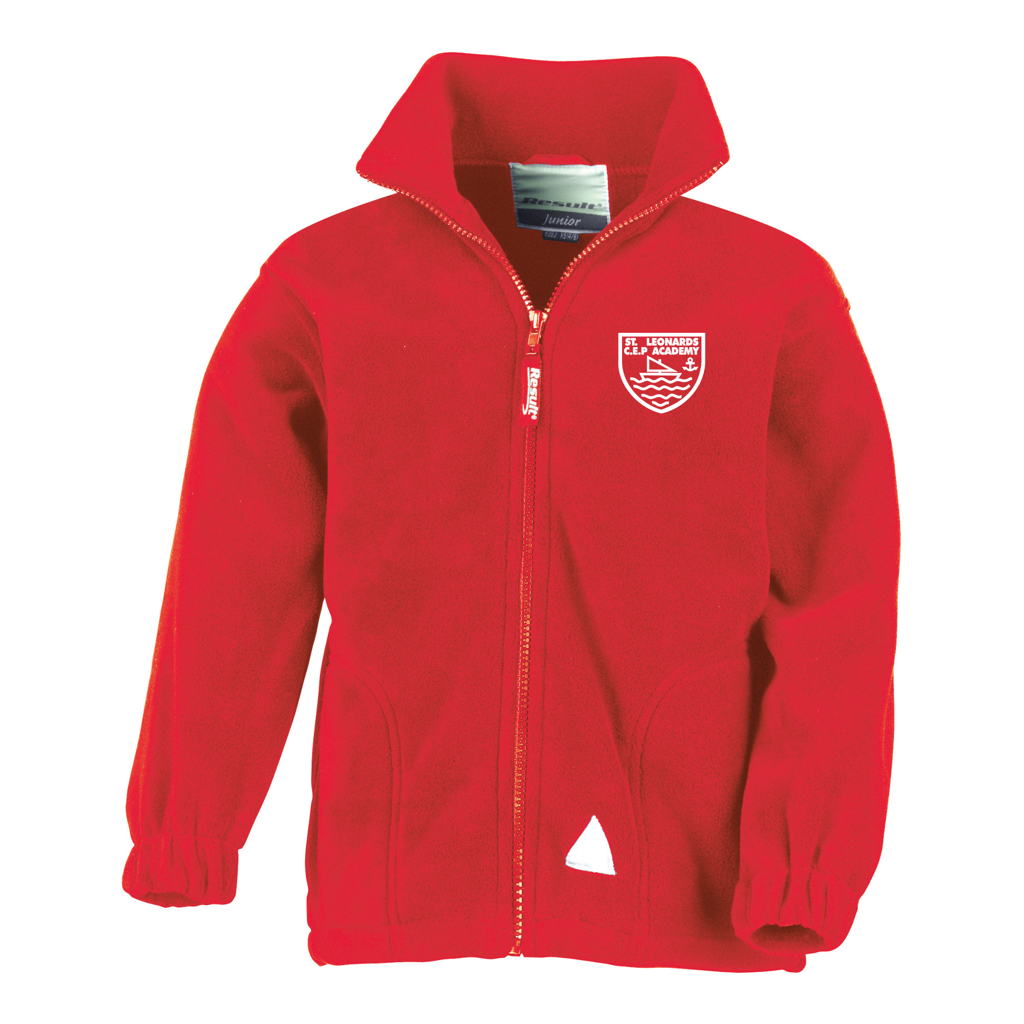 Frontal view of the red St Leonards C of E Primary Academy fleece with the academy's emblem embroidered on the left breast.