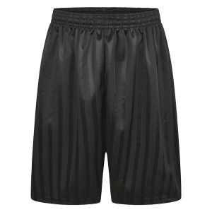 Frontal view of black shadow stripe PE shorts with an elasticated waist